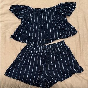 LUSH Black and White Striped Off-Shoulder Top and Shorts Set
